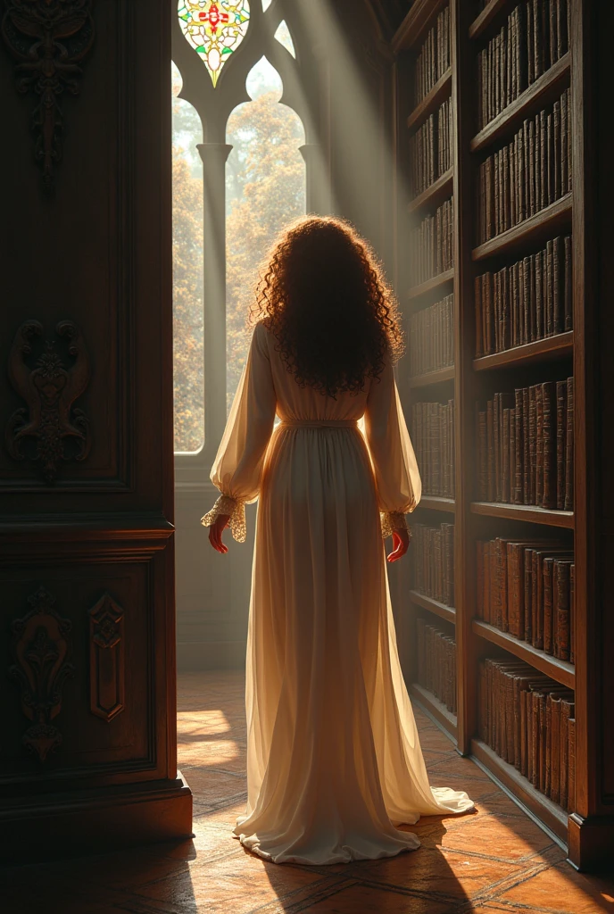 A curly-haired brunette woman entering a book 