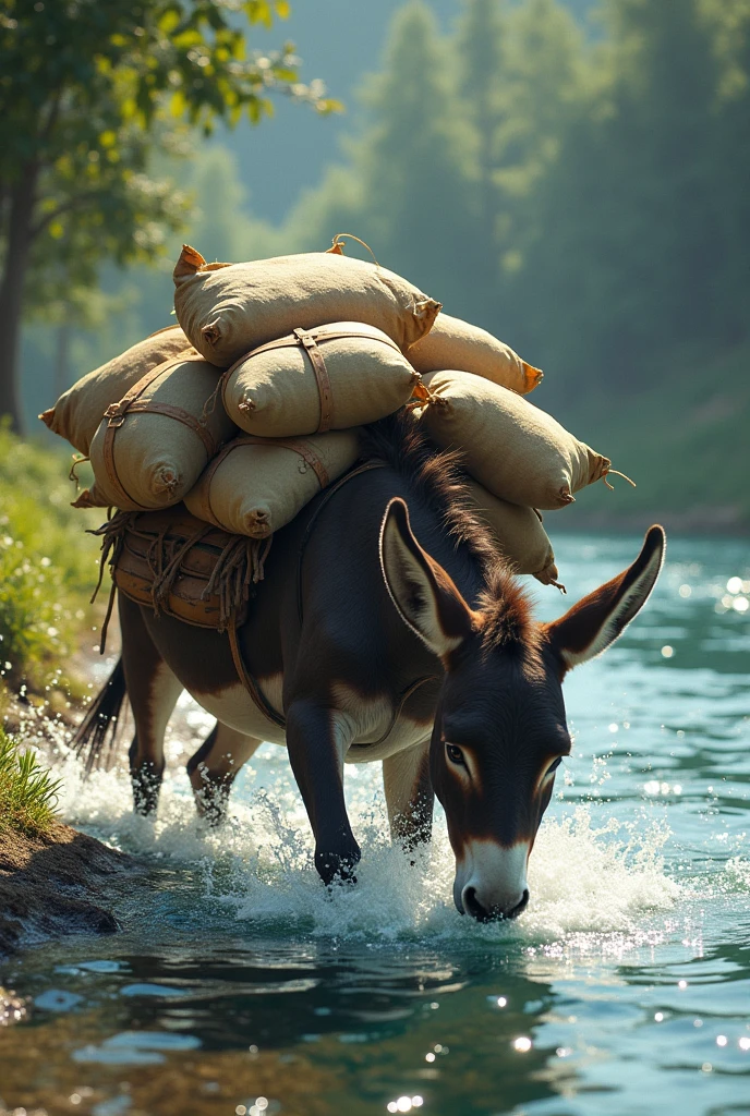 A donkey with many sacks on his back while drinking water on the bank of the river slipped his foot and fell into the river.