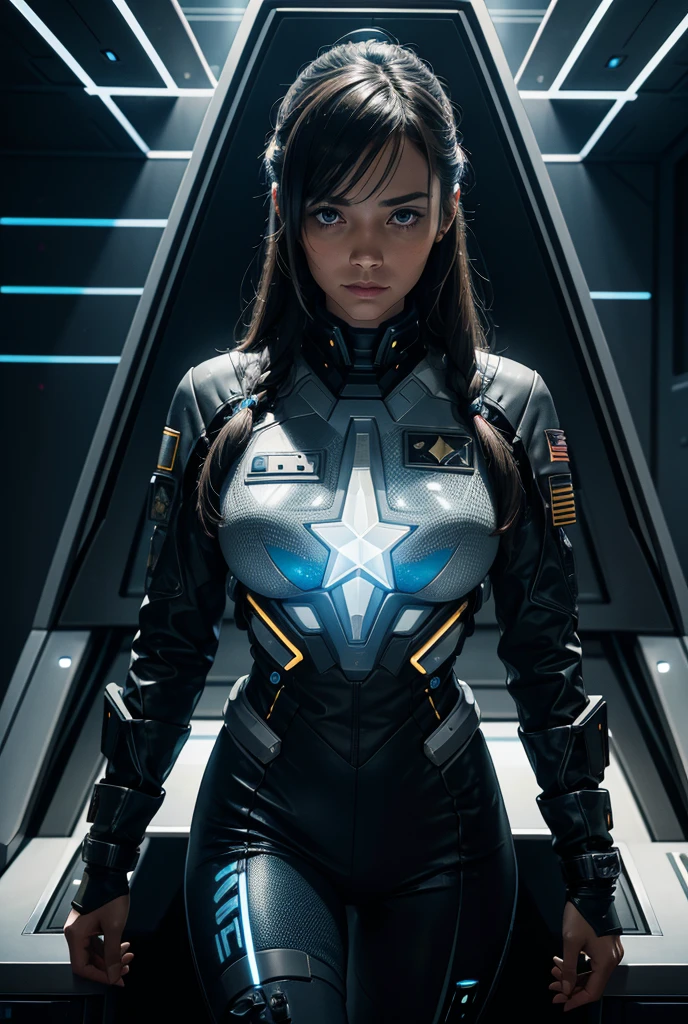 
a female interstellar fleet officer in a tight futuristic uniform with fleet insignia is in a meeting with other interstellar fleet officers, both human and alien, in front of her is a holographic screen,High Resolution, Long Hair, Anatomically Correct, Best Quality, Accurate, High Resolution, High Details, High Quality, Super Detailed,Cinematic, Photorealistic, 