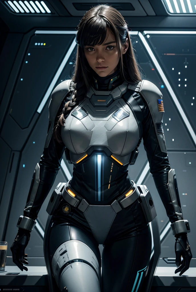 
a female interstellar fleet officer in a tight futuristic uniform with fleet insignia is in a meeting with other interstellar fleet officers, both human and alien, in front of her is a holographic screen,High Resolution, Long Hair, Anatomically Correct, Best Quality, Accurate, High Resolution, High Details, High Quality, Super Detailed,Cinematic, Photorealistic, 