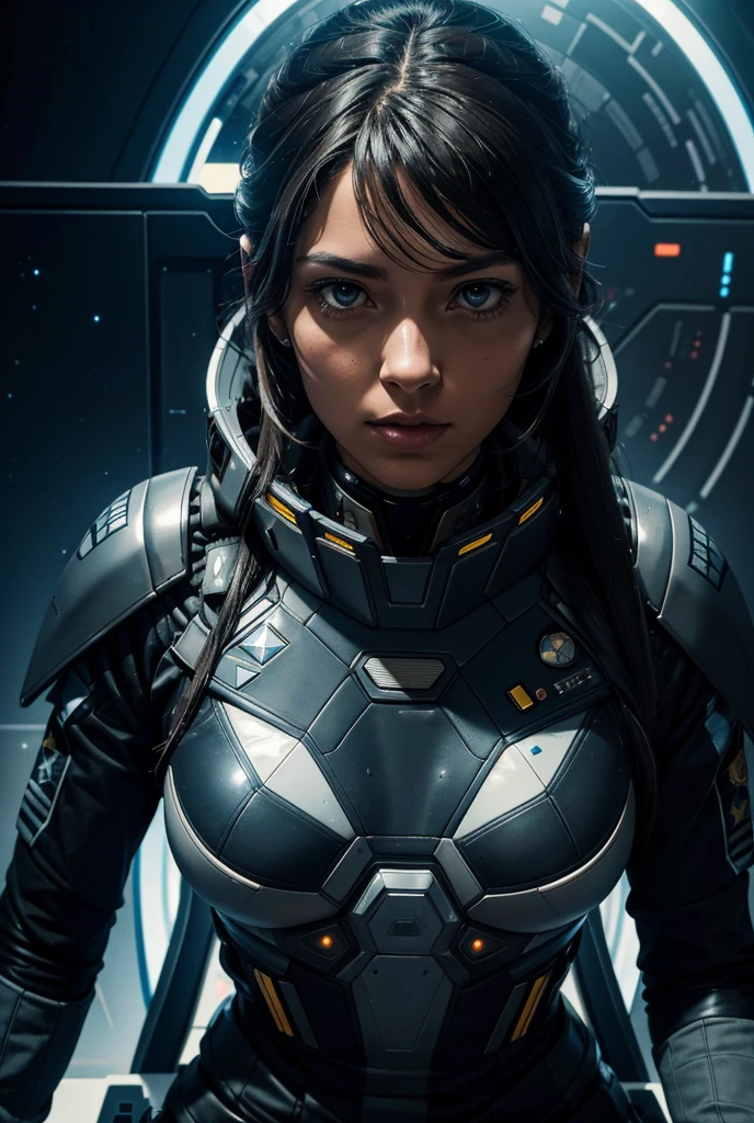 
a female interstellar fleet officer in a tight futuristic uniform with fleet insignia is in a meeting with other interstellar fleet officers, both human and alien, in front of her is a holographic screen,High Resolution, Long Hair, Anatomically Correct, Best Quality, Accurate, High Resolution, High Details, High Quality, Super Detailed,Cinematic, Photorealistic, 