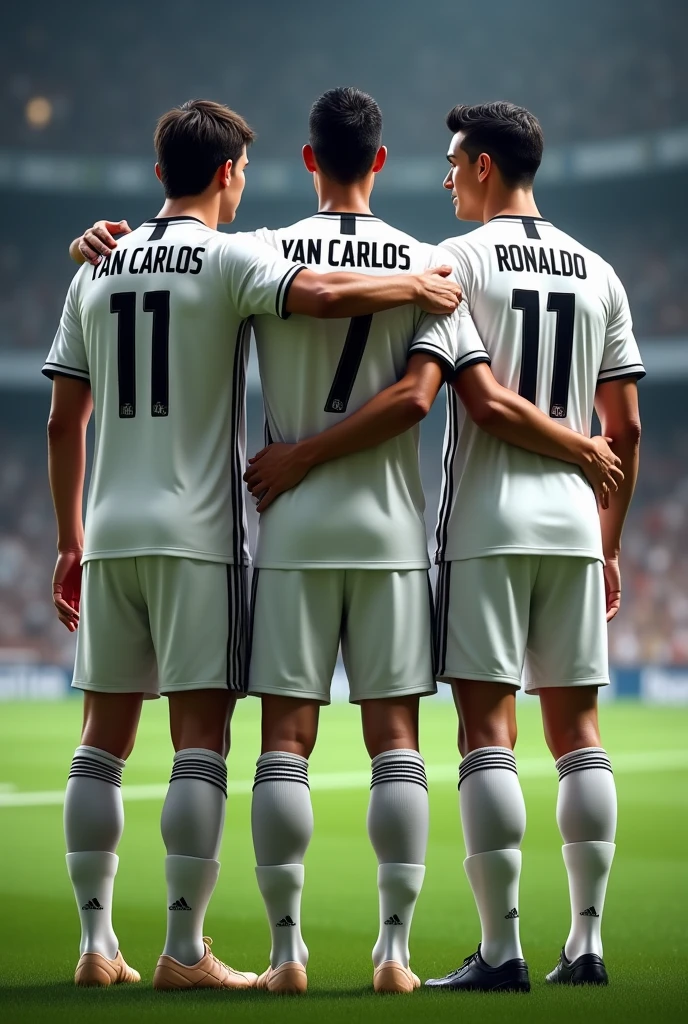 2 Juventus players with the name Yan Carlos on their backs with the number 11 and Cristiano Ronaldo with the number 7 hugging shoulder to shoulder
