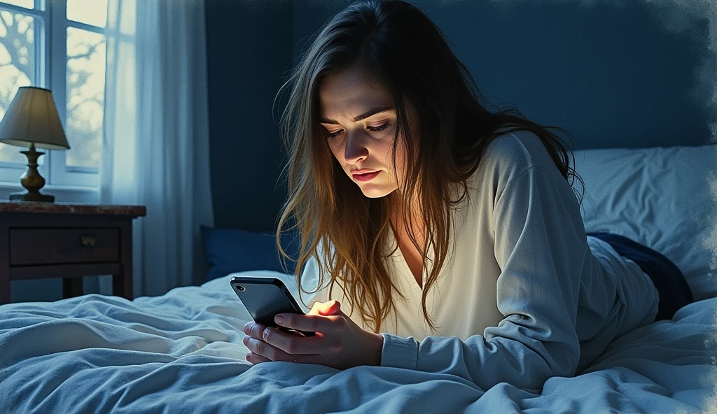 watercolor art a sad woman holding her cellphone and getting depressed in the darkness, House