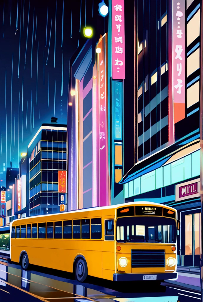 A bus, Night city, heavy rain, Passing Cars, Ghibli anime style, decorative lights, ultra high resolution