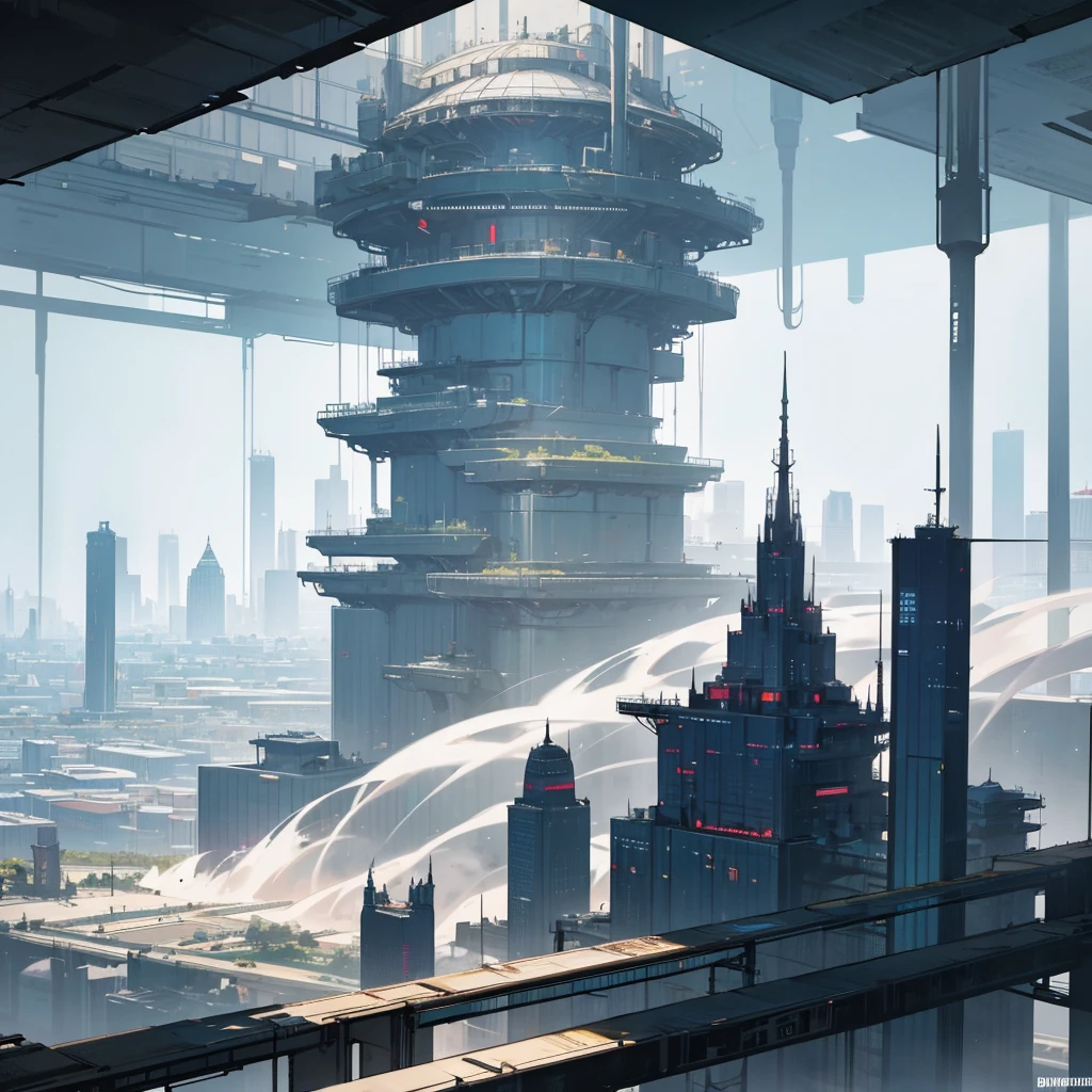 Panoramic view of a large landscape of a mega metropolis city with a futuristic retro future style with large buildings and large skyscrapers of sizes of 900 meters high that the buildings have all kinds of shapes and geometric shapes that the buildings are made of dark black metal and that the city is super technologically advanced that the city has everything that any city has and some small buildings ,that it has a dystopian style and that there is fog and that the architecture of the city is impressive and that it has a dystopian style and that the city is big
