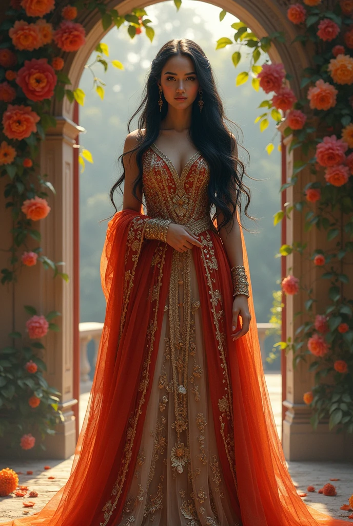 a beautiful woman with black long shawl and dress in front of a gate decorated with flowers wearing an ornate and elegant, extravagant dress, ornate attire, intricate outfit, ornate gown, intricate and elegant, intricate detailed dress, masterpiece, best quality:1.2),,(8k,highres,RAW photo,realistic,photo-realistic:1.3),(detailed skin texture,detailed cloth texture,beautiful detailed face:1.25),professional lighting,photon mapping,beautiful soft light,radiosity,physically-based rendering,raytracing, model shoot style, model shoot style, 8k wallpaper, full shot body photo of the most beautiful artwork in the world, art digital paintimg.