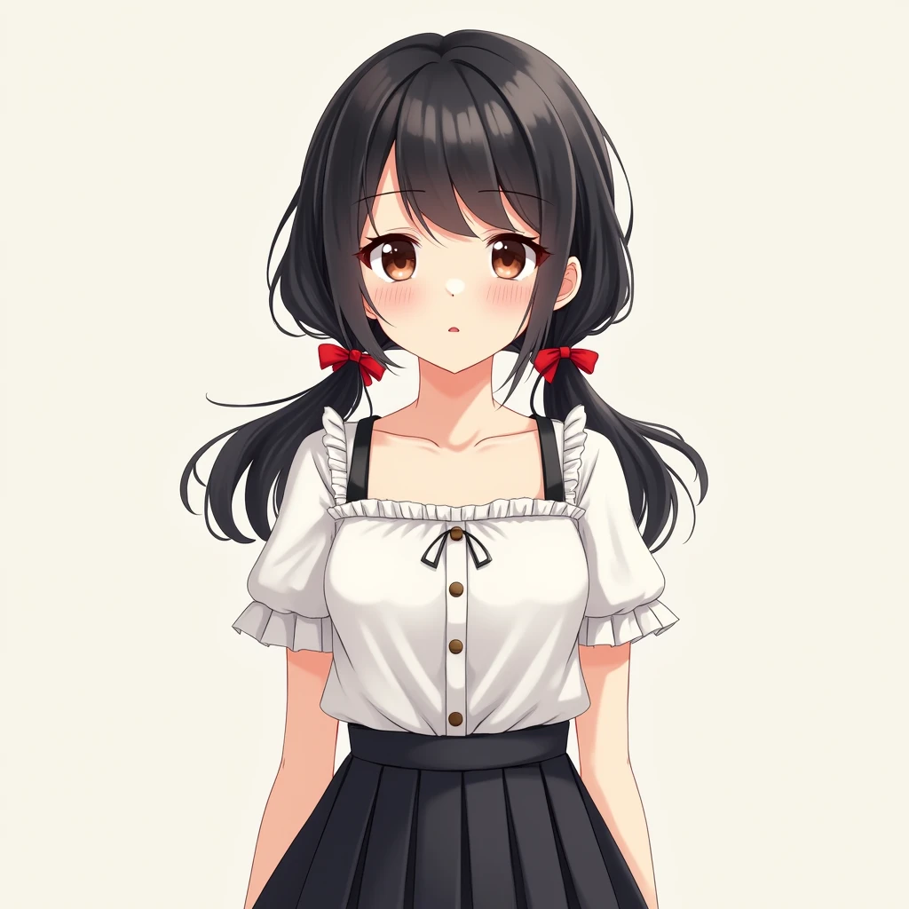 kawaii,
1girl,
She is wearing a short sleeves frilled collarless white blouse.
She is wearing a black flared skirt with no pleats.
She is wearing Casual clothes.
She has a very long low twintails with red ribbons. black hair.
Late teens, Small breasts, Has dark brown eyes.
from front.