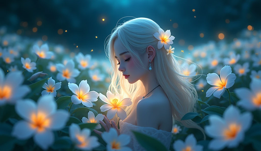 plumeria flower turned human girl, night time, fireflies, girl in the middle of the plantation of white plumeria flower, Sparkle, Silhouette, Accurate, Masterpiece, High Resolution,Hair Ornament, POV,myth, anime, Bloom, Hair Ornament, Hair Flower, Long Hair, Hair Between Eyes, Closed Eyes, Earrings, Depth Of Field, Feet Out Of Frame, wallpaper, landscape, painting style