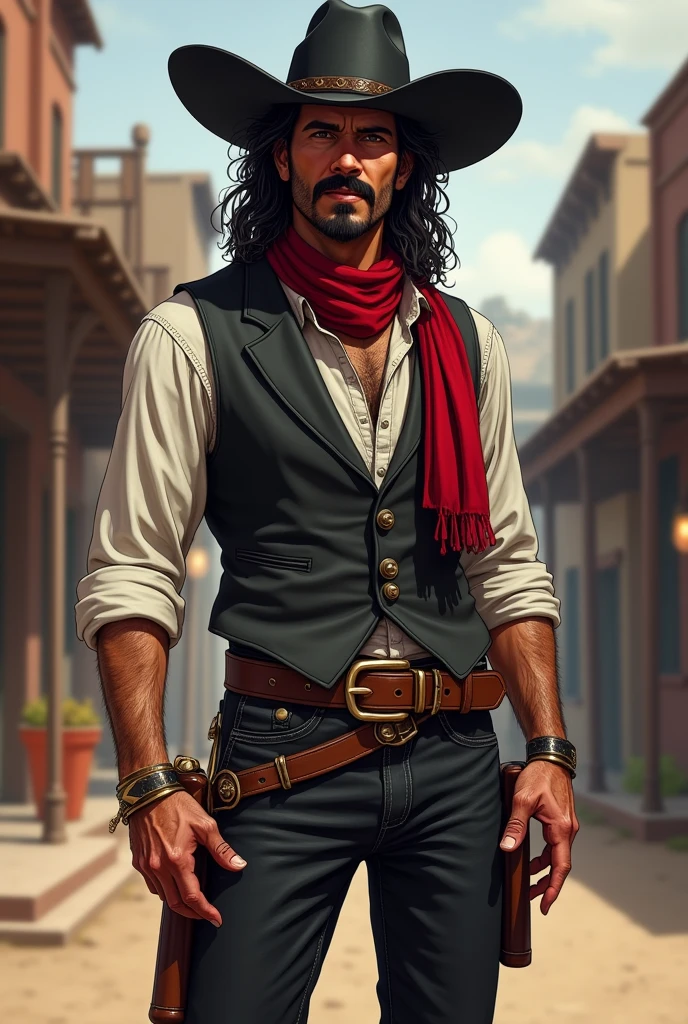 Create a full body art of a well-groomed adult Mexican street vendor with long, messy dark hair and a well-groomed mustache and goatee. He wears a dark vest and a plain white shirt. He wears a black hat. He wears black pants with a buckle. A red scarf is wrapped around his neck and boots with spurs. and his hands are in his pockets. The character should be styled in a fantasy RPG art style, set in the Wild West. He is a mature man and finished art.