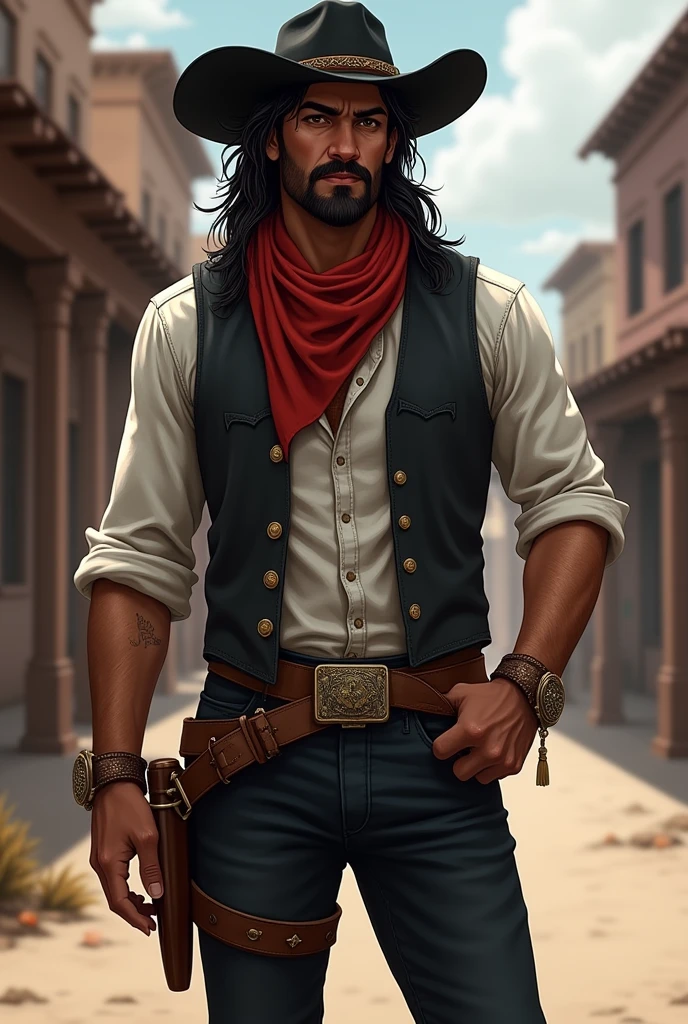 Create a full body art of a well-groomed adult Mexican street vendor with long, messy dark hair and a well-groomed mustache and goatee. He wears a dark vest and a plain white shirt. He wears a black hat. He wears black pants with a buckle. A red scarf is wrapped around his neck and boots with spurs. and his hands are in his pockets. The character should be styled in a fantasy RPG art style, set in the Wild West. He is a mature man and finished art.