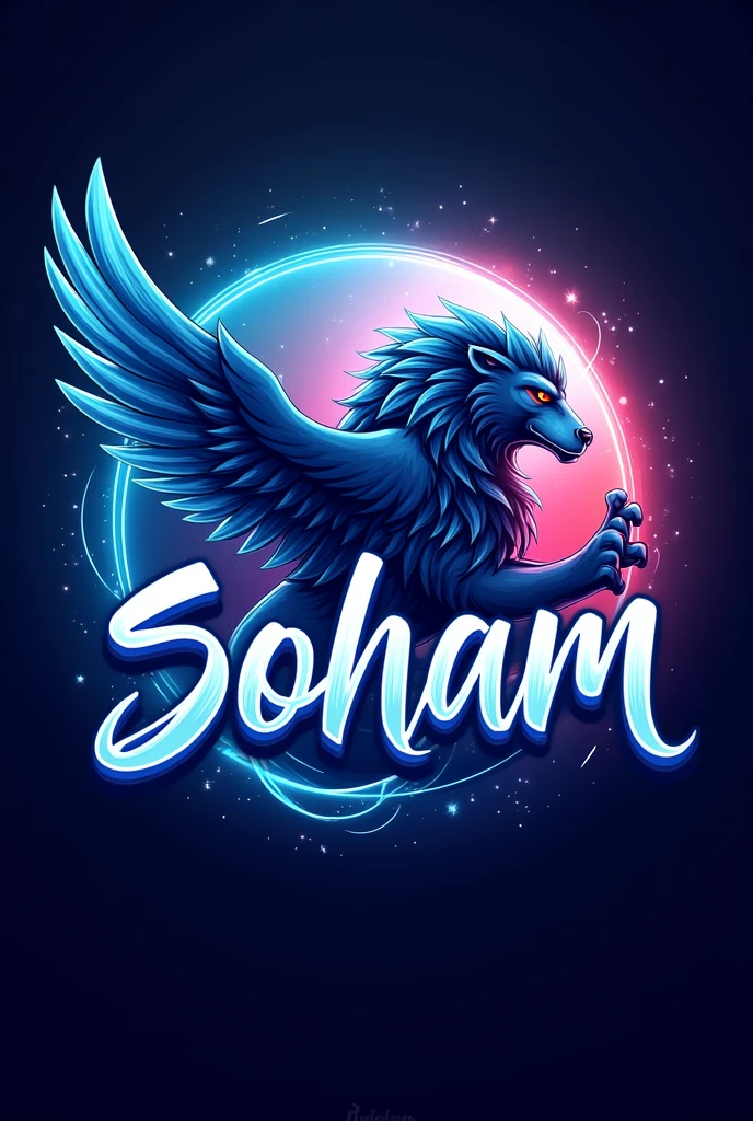 Logo of name soham  with eagle wing and lion attitude 
With colour full design  with cursive font
Blue colour have stylish font 
