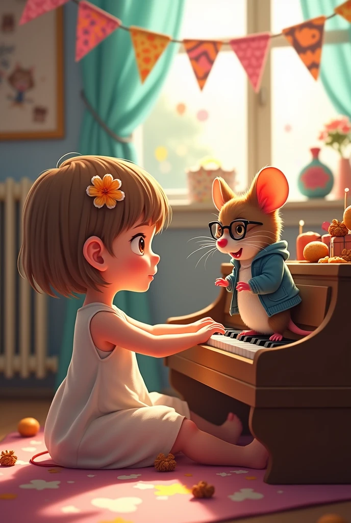 Many children Radiator on background wall, with party decoration, chocolate and nougat and anise balls Baby girl 1 month old with very short hair, small with light brown hair with a flower adorning one side of her hair, sitting next to a piano and playing with a beautiful, little mouse with glasses and jacket singing and dancing on the piano Party and birthday cake for "Allison"
Many happy children singing and jumping around Animated colors Photography Anime, photo, illustration, typography, vibrant, Graffiti, portrait photographyLess