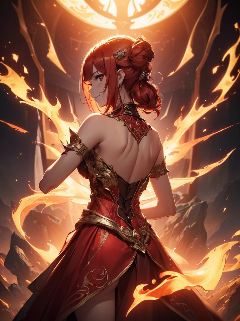 (((best quality, sharp image, clear image, cinematic lighting, 8k resolution, masterpiece, ultra detailed, intricate))) Girl, sorcerer, cute, intricate dress, smiling, fiery red, ((intricate background)), (rune frame), dimension, ((shot from behind)), fire sigils, chaotic background, ((half-body shot))