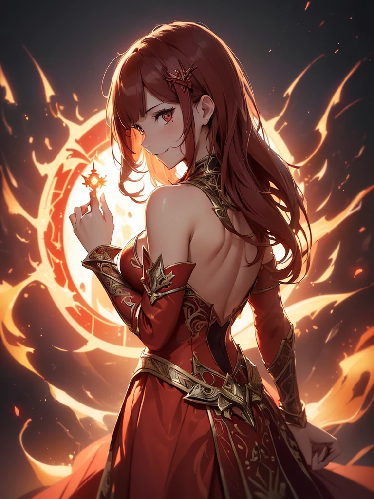 (((best quality, sharp image, clear image, cinematic lighting, 8k resolution, masterpiece, ultra detailed, intricate))) Girl, sorcerer, cute, intricate dress, smiling, fiery red, ((intricate background)), (rune frame), dimension, ((shot from behind)), fire sigils, chaotic background, ((half-body shot))