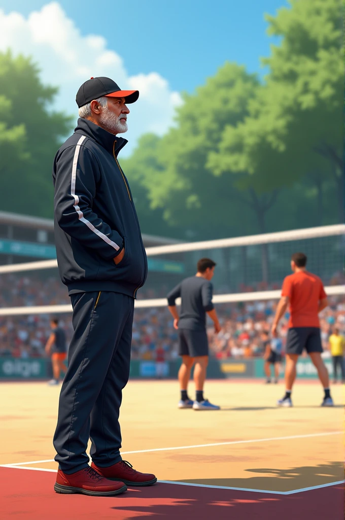 A man standing outside the volleyball ground as a coach of volleyball team Also write his name Irshad Hussain