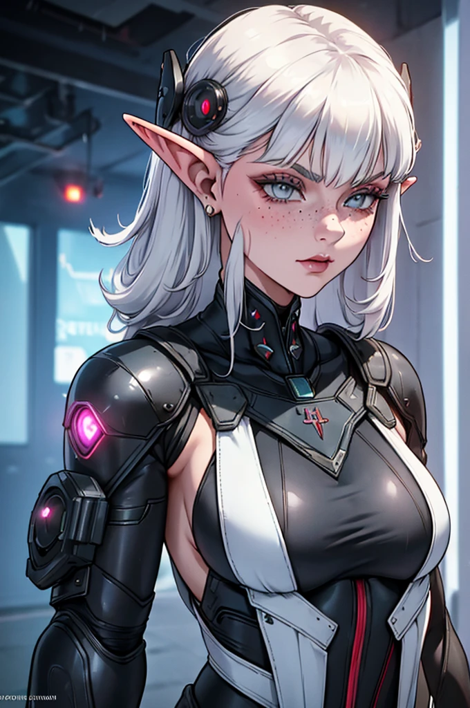 a close up of a female, pastel goth, big elf girl with freckles, light grey eyes, pointy ears, freckles, many freckles on face, white horns, unreal 5. rpg portrait, 8k portrait render, unreal engine 5, beautiful female elf, unreal engine character art, female character, female lead character, there is a woman in a black leather outfit posing for a picture, goth cybersuit, wearing techwear and armor, cybersuit, dark natasha, cyber suit, clothed in sci-fi military armor, cybersuits, diverse cybersuits, cyberpunk 2 0 y. o model girl, in a dark space mercenary outfit, cyberpunk gorgeous goddess