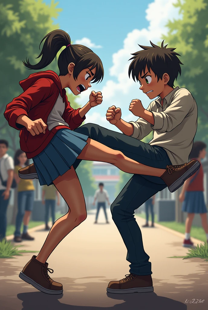 A girl kicking a boy in the balls