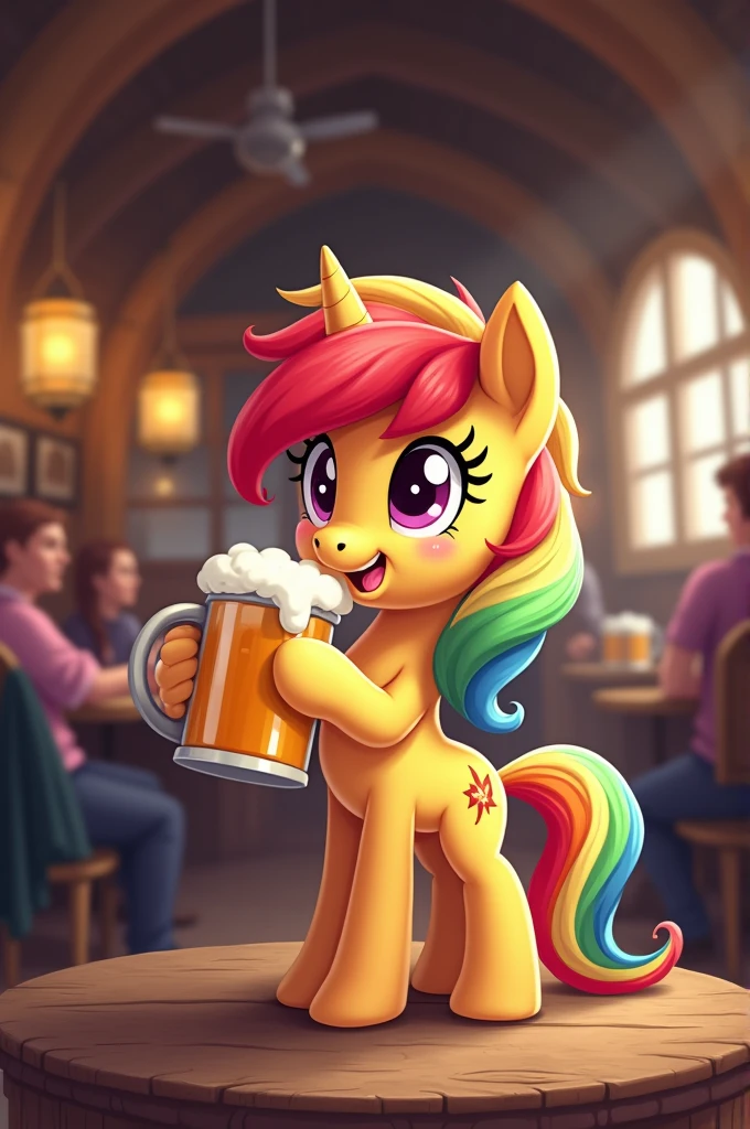 A pony drinking beer