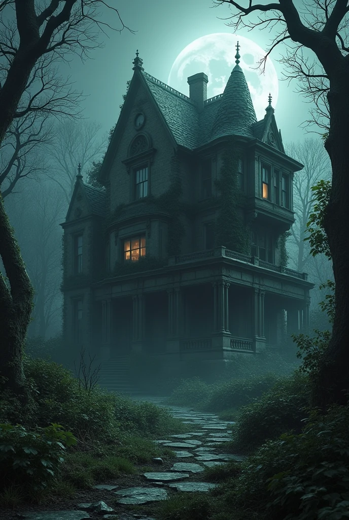 "A dilapidated, old mansion surrounded by overgrown vegetation, with broken windows and a dark, foreboding atmosphere. The mansion is bathed in moonlight, casting eerie shadows." 9:16 3d image