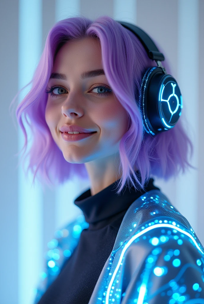 Best quality 8k young woman lilac hair with LED headset and holographic jacket she is centered looking directly at the camera smiling 