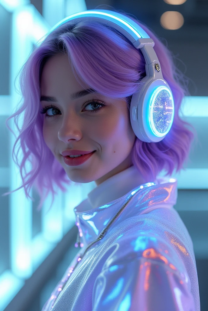 Best quality 8k young woman lilac hair with LED headset and holographic jacket she is centered looking directly at the camera smiling