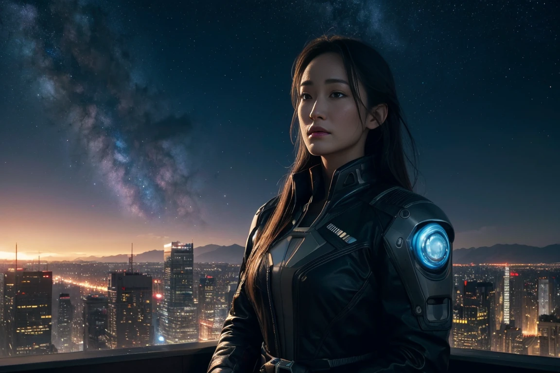 Maggie Q, Cybernetic skyline with flying holograms, reflecting a futuristic anime realm. (high quality, best quality, 4k, 2k, (intricate:1.1), (high detail:1.3)), ((outdoors, cityscape, skyline)), (official wallpaper, volumetric lighting, dynamic lighting), (stars, galaxy, nebula), Mars, RAW photo, high quality, detail, virtual photographer, photo mode, elegant, high detail, digital painting, concept art, HDR, CGI, by Jeremy Lipking, by Katsuhiro Otomo, by Raymond Swanland, by Antonio Manzanedo