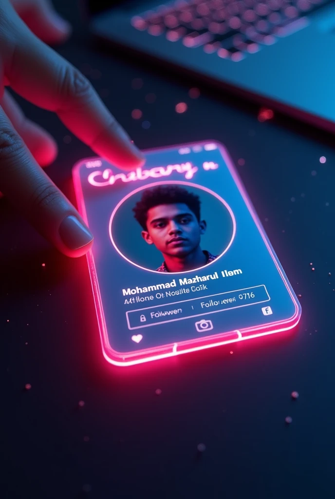 Create a Facebook profile on glass id card on a black desk displaying Instagram logo and realistic profile photo of a age boy in circle and "Mohammad Mazharul Islam" is written in bold fonts under the profile photo and 100k followers written, the Instagram card is glowing in pink and blue color on the edge,one corner is held with two fingers