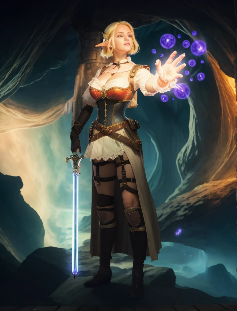 best quality, highres,((masterpiece)), (((best quality))), ((positive)), beautiful busty elf woman, short blonde hair loose, perfect gorgeous face,  lace, strapless white bustier, colourful short skirt, black choker, satchel, pouch on the waist, harness, tool belt, tools, armour, pointed elf ears, corset, rapier in right hand, left hand outstretched forward, fingers splayed wide, glowing with purple magical light, semi-realistic, fantasy characters, medieval, underground cave background