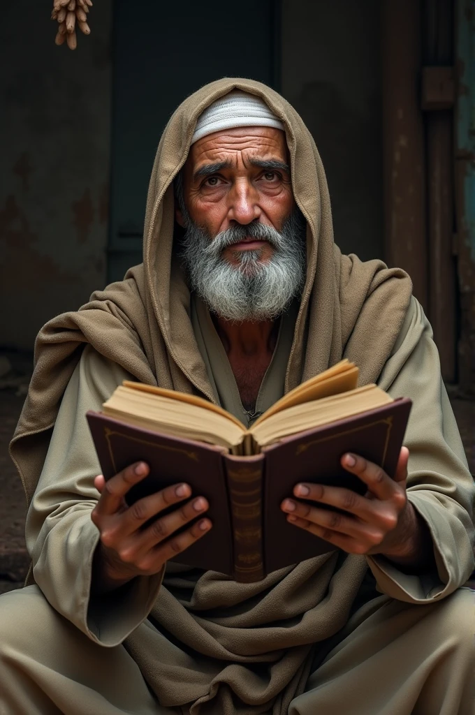 A poor man is raising both his hands and asking Allah for medicine by lifting the Holy Quran