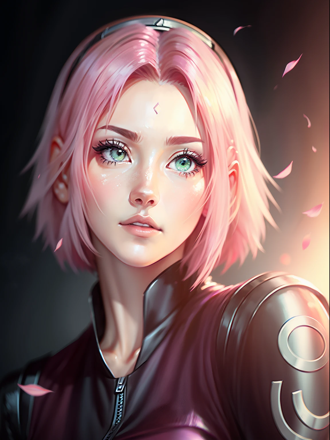 Beautiful and tall Sakura short hair anime super realistic and well detailed, pink clothes, looking straight at the camera, black backdrop
