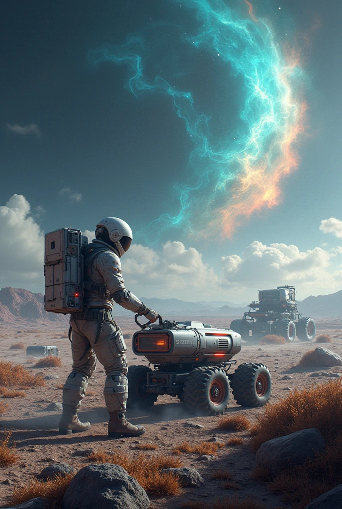 a modern farmer is working on open farmland with high-tech equipment on the moon and there are nebula waves also available please generat it in landscap