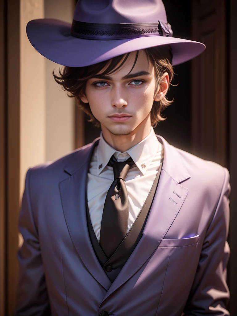 Alone, High resolution, looking at the viewer, violet eyes, masterpiece, The best quality, Awarded many times, detail, HD Model, details altos, high quality, quality, Very detailed, UHD, pale, Fedora, blurred, young, Chico, man, 1male, Brown hair,