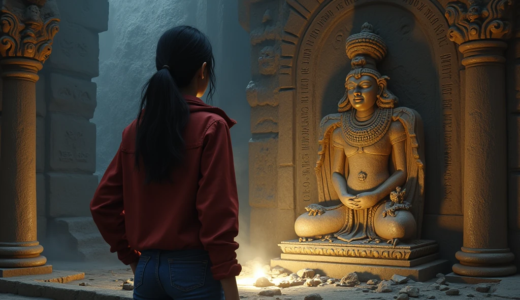 maya seed is 1342503350, wearing red shirt jacket with blue jean and holding flashlight. maya is young beautiful university girl. scared and yield who is there at the ancient chamber, intricately designed statue with inscriptions in a language she doesn't recognize