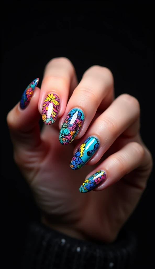 Create a colourful art style nail design in an oval shape with a black background with (realistic fingers)