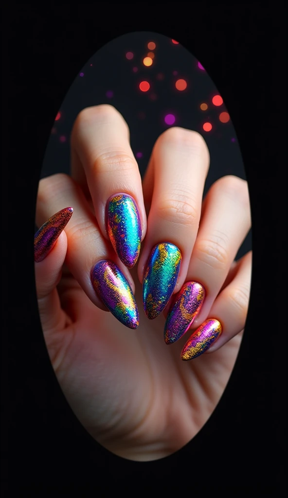 Create a colourful art style nail design in an oval shape with a black background with (realistic fingers)