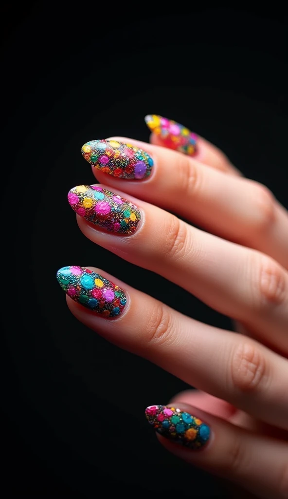 Create a colourful art style nail design in an oval shape with a black background with (realistic fingers)