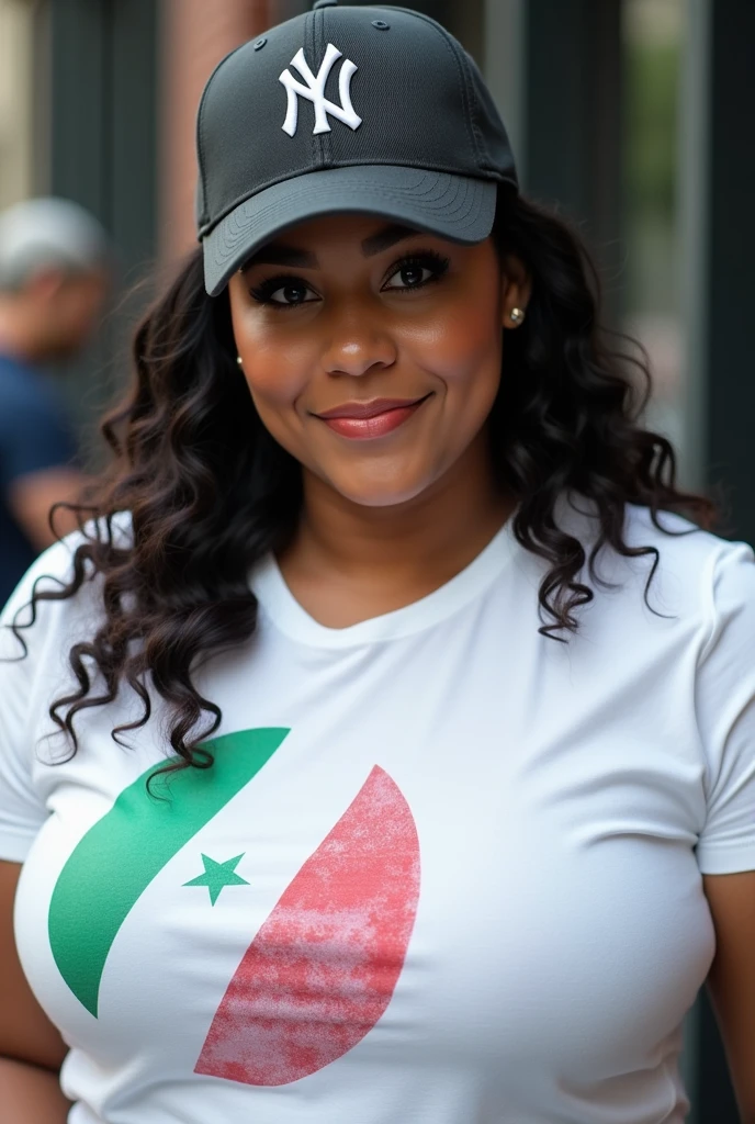Close up, fat girl, New York Yankees white 9fifty, white t-shirt with Algerian flag detail and green, white and red stripe