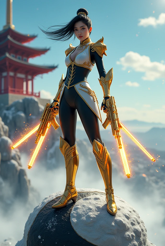 (masterpiece, best quality, beauty, best ratio, best shadows,best Illustration, wallpaper size,1080×2400 pixels,detailed face,pastel colors)
uhd, china female kungfu, korean beauty like tae yon, dancing, full posture fully visible, shining blue eyes, windblown short hair, wear black and white full armory leather, gold boots, hand holding dual gold gun emits gold energy, standing on the yin yang big pallete. blue sky, big red pagoda and snowflake seen on far away. use the RenderMan renderer.digital art.High definition, high contrast, high color saturation ,128k,cinematic lighting, intricate,cinematic advertising photograph,cinema lens,high res.