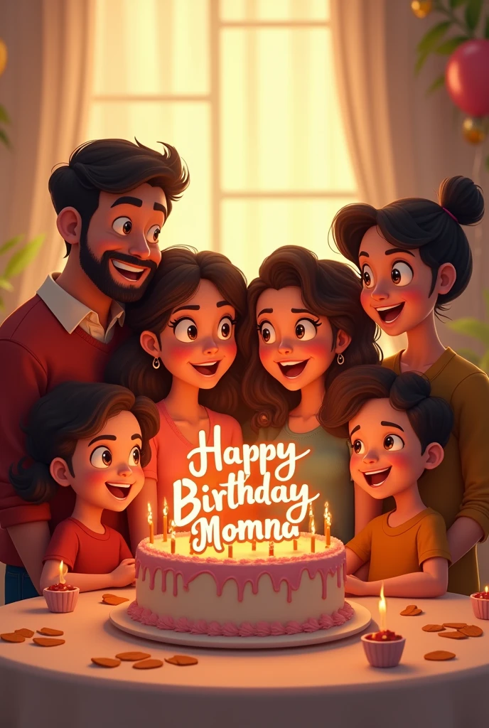 A best cake write happy birthday momna on it father mother sister brother standing over there to celebrate the party with beautiful background 