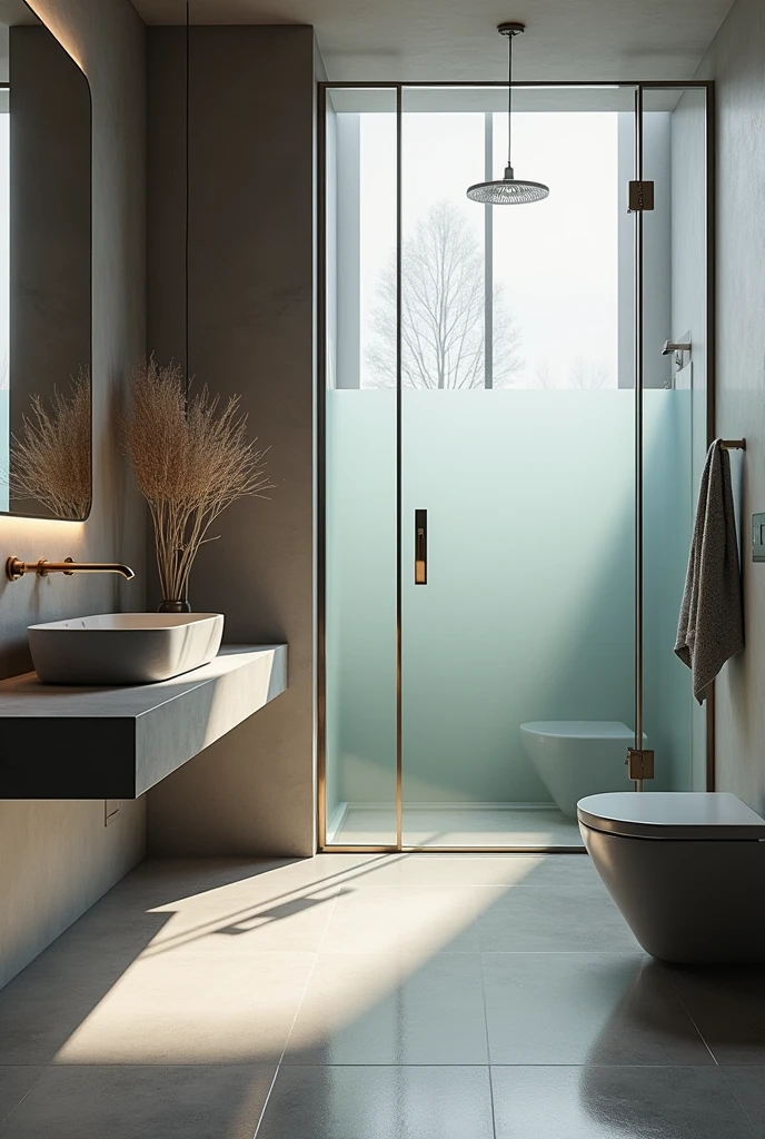 bathroom modern, ultra-realistic , 8k, ultra realistic render , 4K , photo realist , glass box up to the ceiling , metal therefore , matte gray floor , stone countertop , small window with frosted glass , moderno , luxurious , a hanging vase
