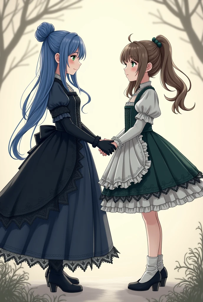 2 young girls, one with blueberry-colored hair with a bun with green eyes, long hair in front, gloves to the shoulder with a long dark blue and black dress.. The second one has two wavy pigtails and a short dark green and white dress, anime middle ages gemshing impact dresses, the two in front are the same size, girls