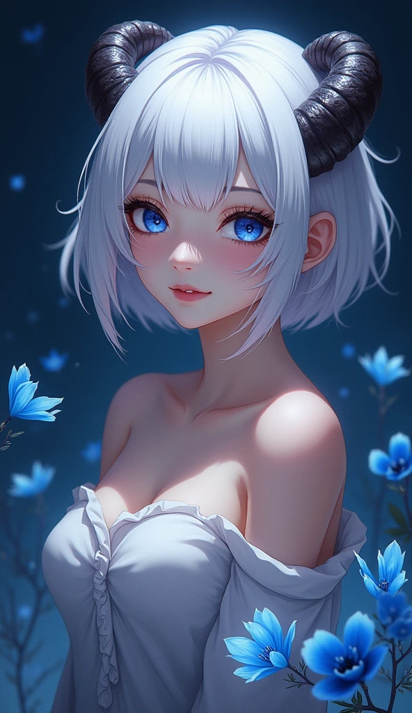 1girl, bethel, blue eyes, bare shoulders, breasts, medium breasts, short hair, white hair, hair over one eye, bangs, gloves, sleeveless, solo, shirt, fingerless gloves, white shirt, sleeveless shirt, arms behind back, off shoulder, horns, smile, (masterpiece), (best quality), (ultra detailed), indoors, simple background, blue flowers,