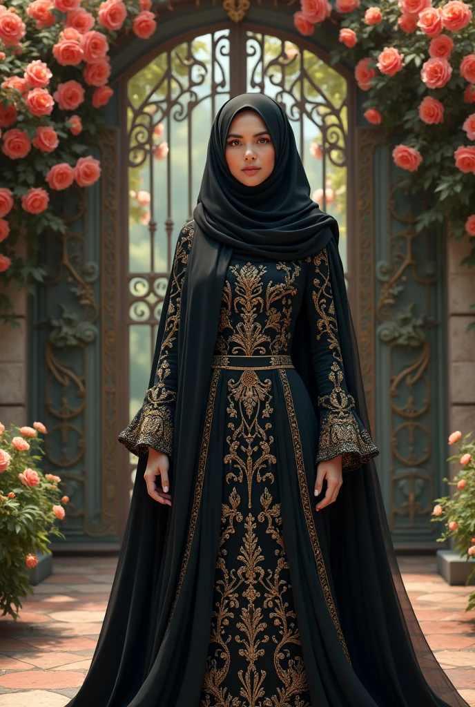 a beautiful woman with black long hijab and dress in front of a gate decorated with flowers wearing an ornate and elegant, extravagant dress, ornate attire, intricate outfit, ornate gown, intricate and elegant, intricate detailed dress, masterpiece, best quality:1.2),,(8k,highres,RAW photo,realistic,photo-realistic:1.3),(detailed skin texture,detailed cloth texture,beautiful detailed face:1.25),professional lighting,photon mapping,beautiful soft light,radiosity,physically-based rendering,raytracing, model shoot style, model shoot style, 8k wallpaper, full shot body photo of the most beautiful artwork in the world, art digital paintimg.