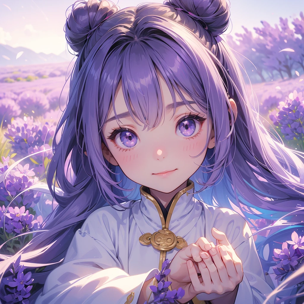 A chibi child girl had a small face and Wearing white little Taoist priest's outfit. A pair of big round eyes shone with curiosity about him. This child was so cute, Stroll among the purple lavender fields , There are some floating clouds.
her hair is black with two buns on her hair.small chibi, chibi baby, smiling ,Chibi.