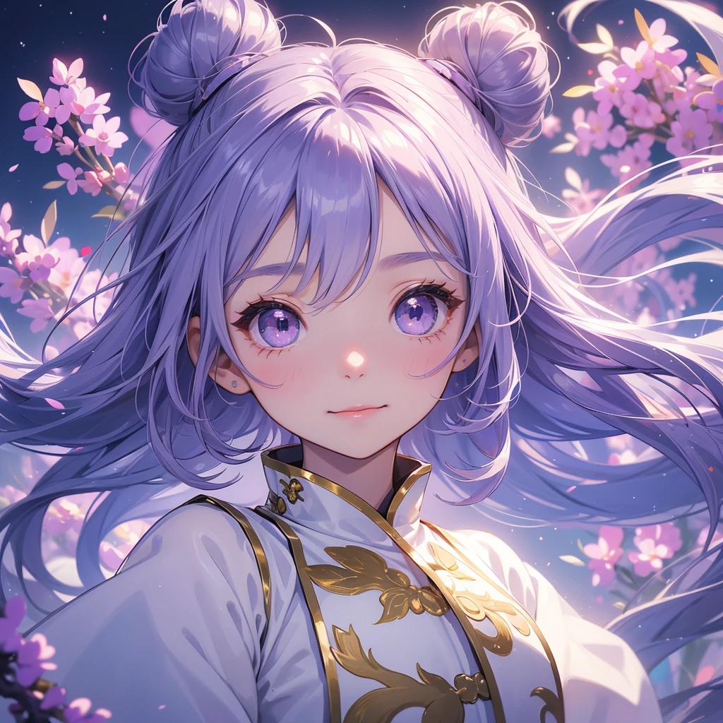 A chibi child girl had a small face and Wearing white little Taoist priest's outfit. A pair of big round eyes shone with curiosity about him. This child was so cute, Stroll among the purple lavender fields , There are some floating clouds.
her hair is black with two buns on her hair.small chibi, chibi baby, smiling ,Chibi.