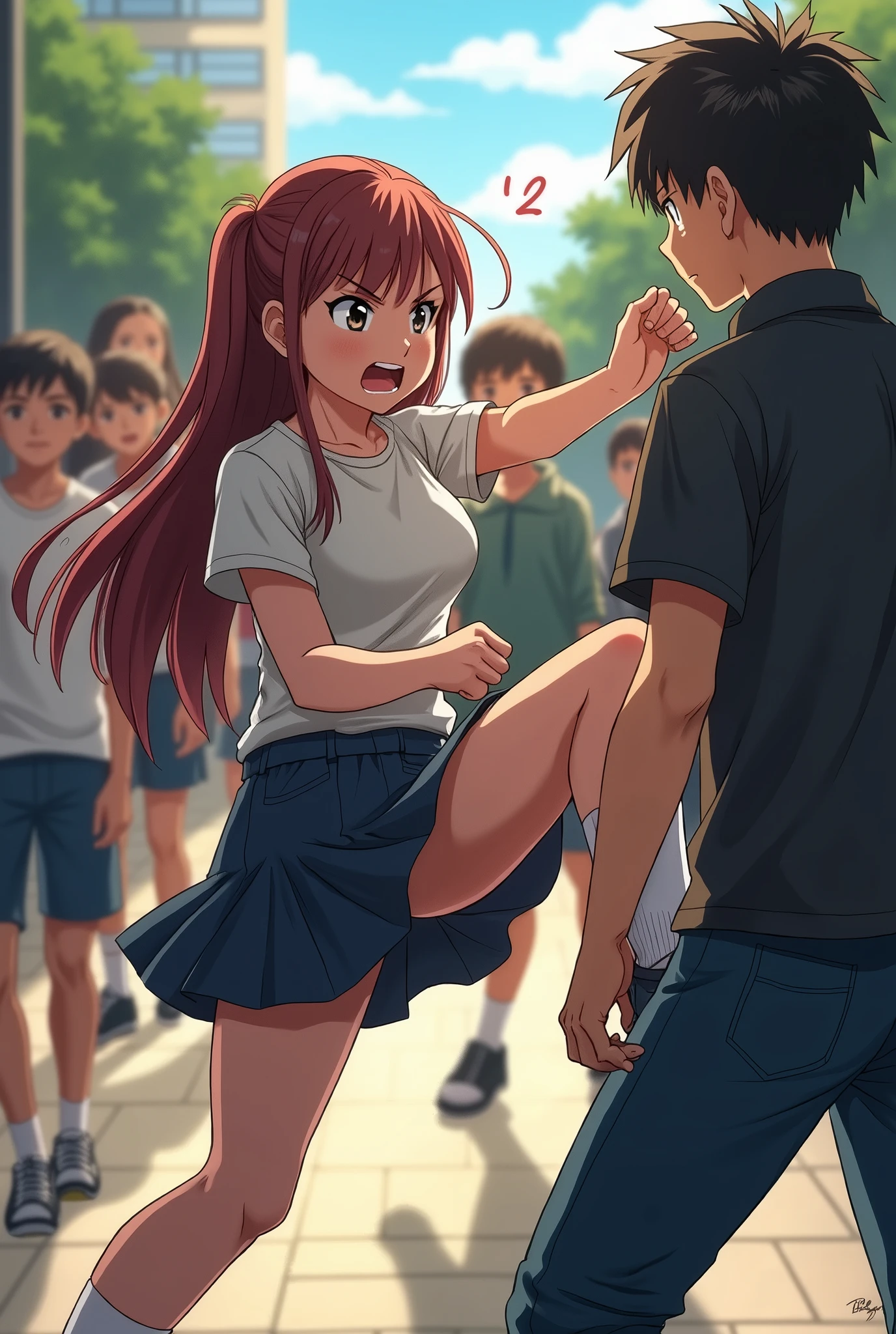 A girl kicking a boy in the balls