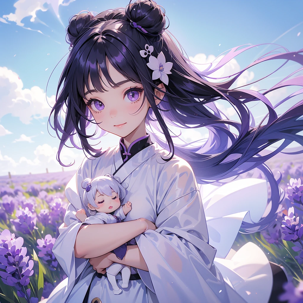 A chibi child girl had a small face and Wearing white little Taoist priest's outfit. A pair of big round eyes shone with curiosity about him. This child was so cute, Stroll among the purple lavender fields , There are some floating clouds.

her hair is black with two buns on her hair.small chibi, chibi baby, smiling ,Chibi.

