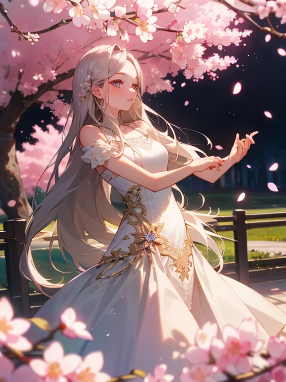 masterpiece, best quality, detailed skin, shiny skin, (high quality:1.2), beautiful young woman, elegant pose, long flowing hair, soft lighting, outdoor garden setting, cherry blossoms, spring atmosphere, intricate floral dress, natural makeup, depth of field, high-end fashion photography