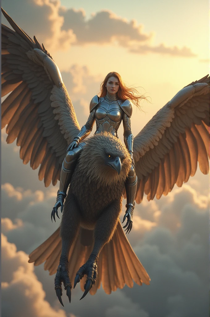 A griffin with its wings spread, the wings and upper body of an eagle, , a sharp beak, a beautiful and powerful figure, and a princess wearing metal suit and armor on its back, ((masterpiece, Highest quality, Best image quality, High resolution, Realistic, RAW Photos, 8k)), ((Highly detailed CG synthesis 8k wallpaper)), (Huge and stunning goddess shot, , Incredible beauty, Perfect Proportions, Beautiful body, Slim body beauty:1.4), front view,