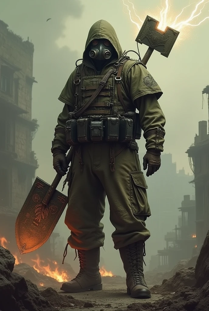 Deathkorps of Krieg fighter with shovel in hand, but the shovel is depicted as an energy weapon 